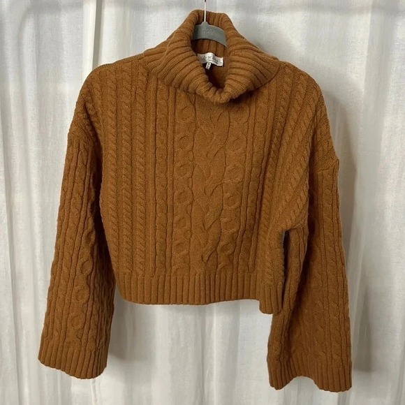 WAYF Camel Crop Cable Knit Turtleneck  Sweater Wide Sleeve, Size S - Picture 2 of 10